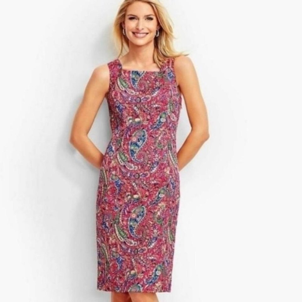 TALBOTS | Woman's Bonaire Paisley Bow Back Sleeveless‎ Coral Sheath Dress, 8P